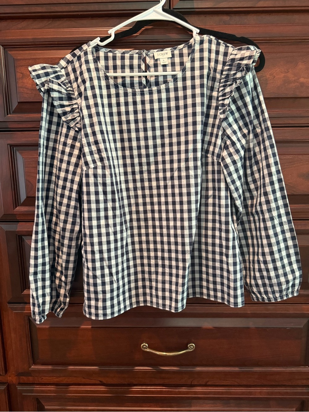J. Crew Navy & White Gingham Ruffle-Shoulder Blouse